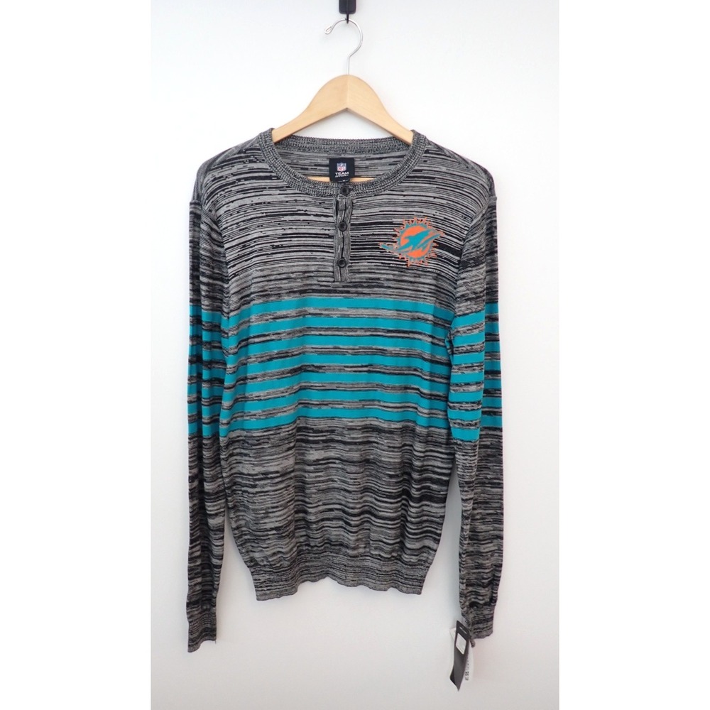 Miami Dolphins Gray Striped Henley Sweater Men M Medium NFL Team Apparel